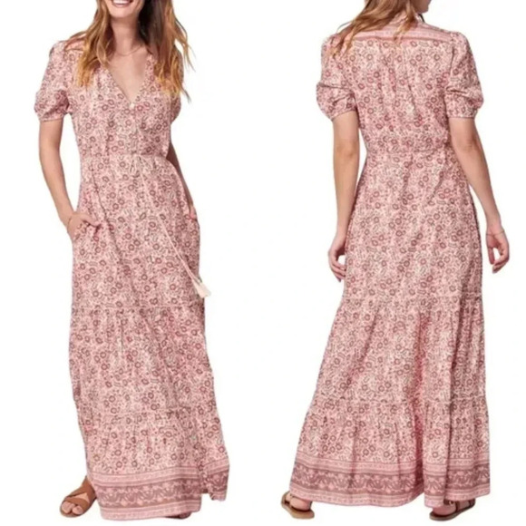 Faherty Orinda Earth Block Floral Print Tiered Maxi Dress Brown Pink Cream NWT - Picture 2 of 10